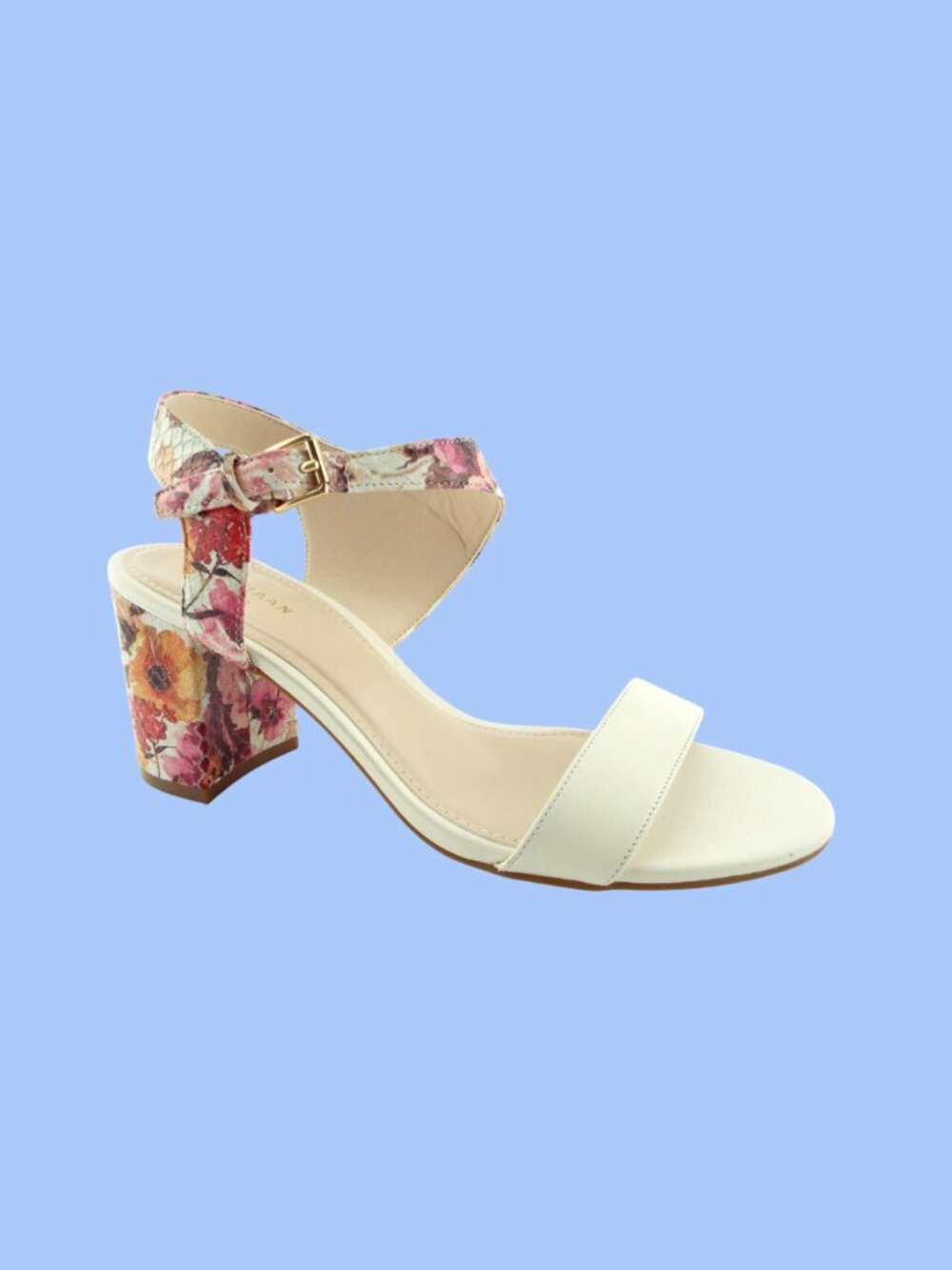 New COLE HAAN Ivory Leather Ankle Strap Floral Block Heel Sandals 6.5